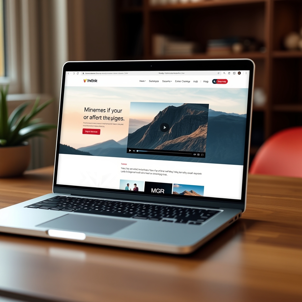 A sleek laptop displaying a minimalist website homepage, where a beautiful, short video is seamlessly playing in the header section, creating an inviting first impression.