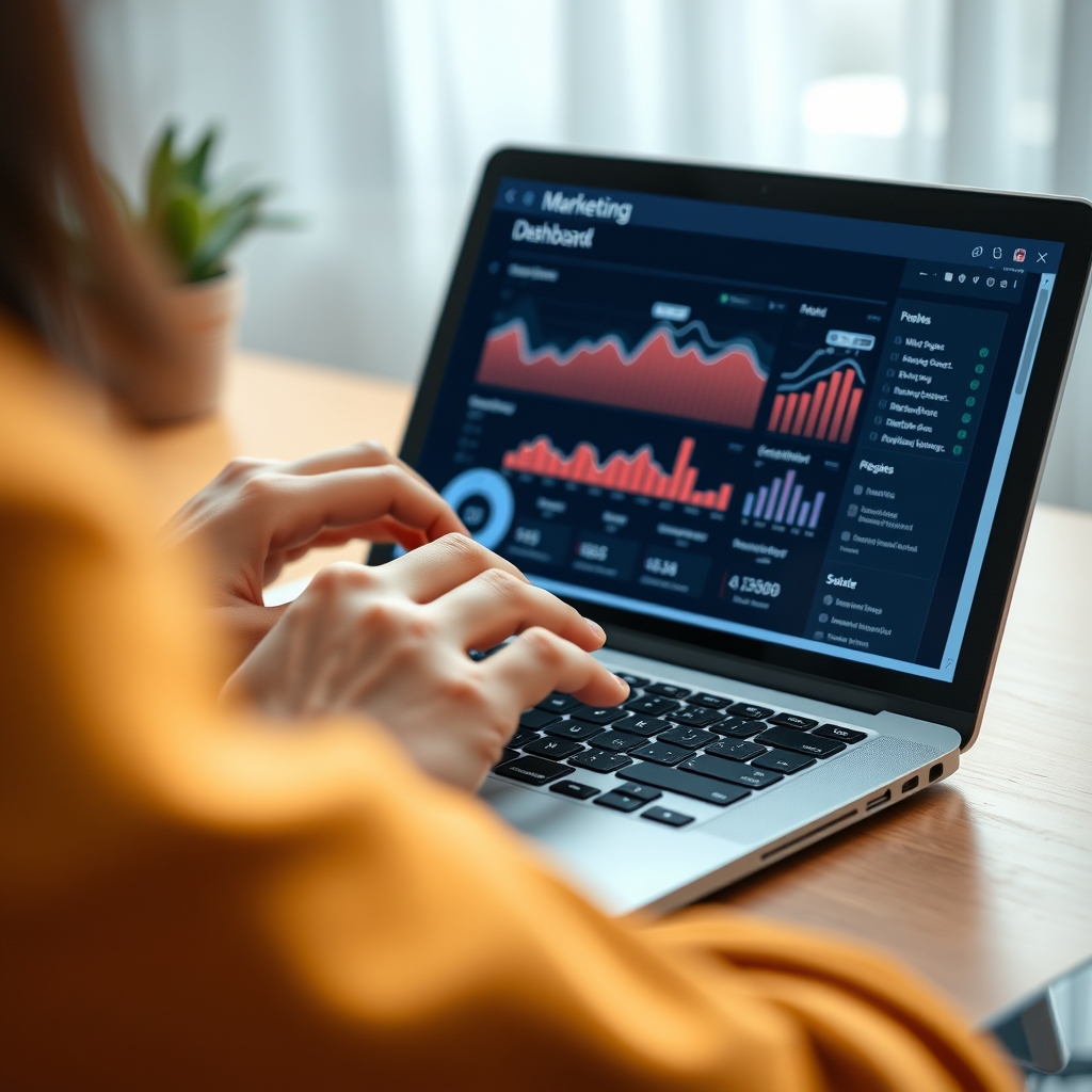 A close-up of a person's hands carefully adjusting tiny, elegant details on a modern laptop screen showing a marketing dashboard, with soft focus in the background.