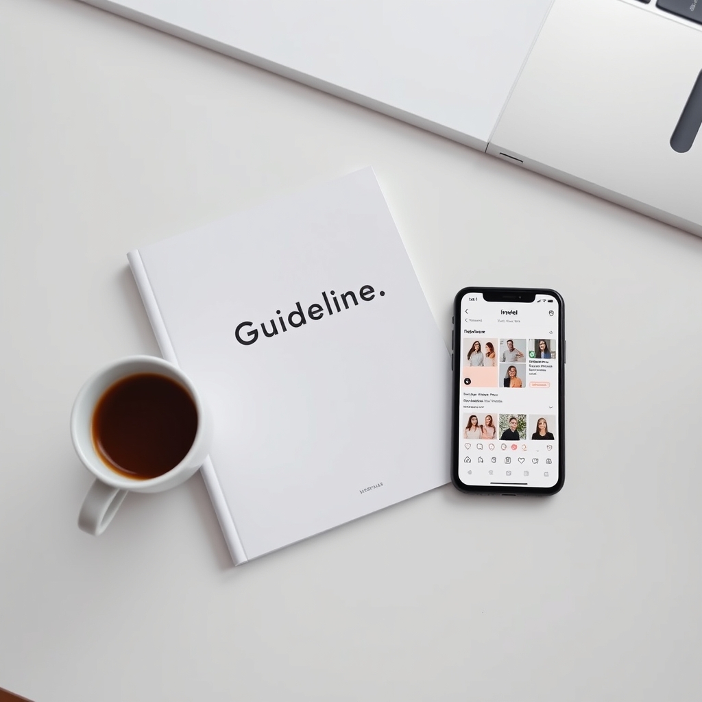 A minimalist desk with a consistent color-themed brand guideline booklet, a cup of coffee, and a smartphone showing uniform posts across different social media apps.