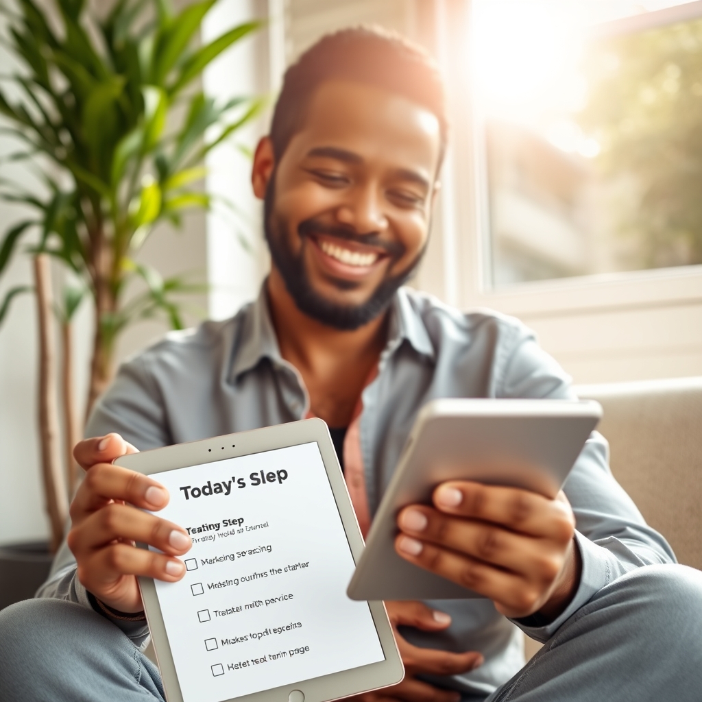 A hopeful marketing beginner smiling while looking at a simple, clear checklist titled 