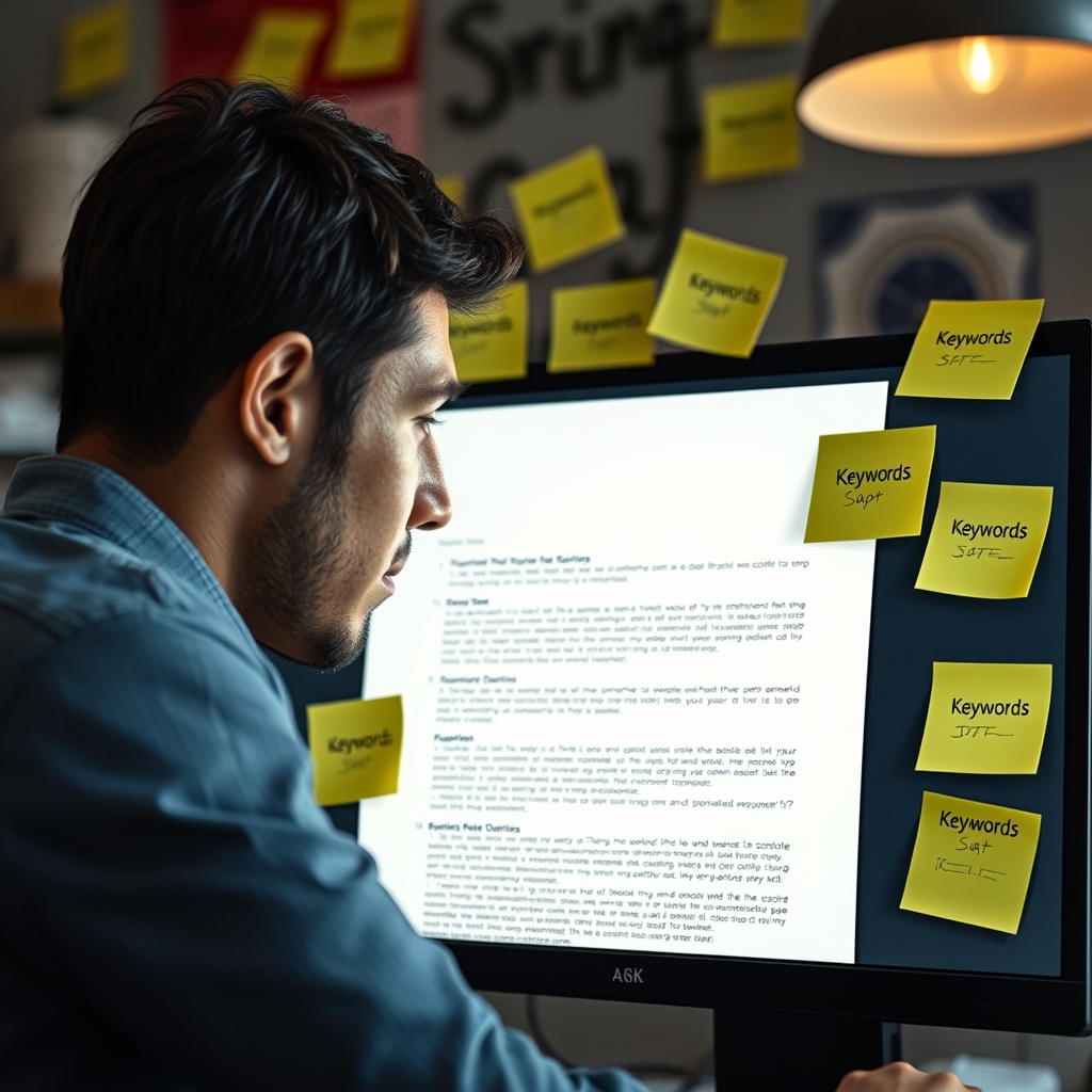 A person looking thoughtfully at a blank document on a computer screen, surrounded by sticky notes with keywords, feeling stuck.