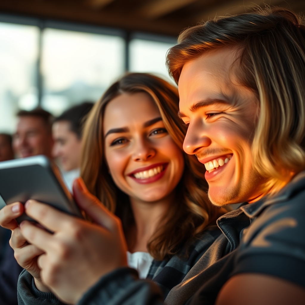 A viewer smiling while watching a video on a tablet, with light reflecting in their eyes, showing engagement and connection.