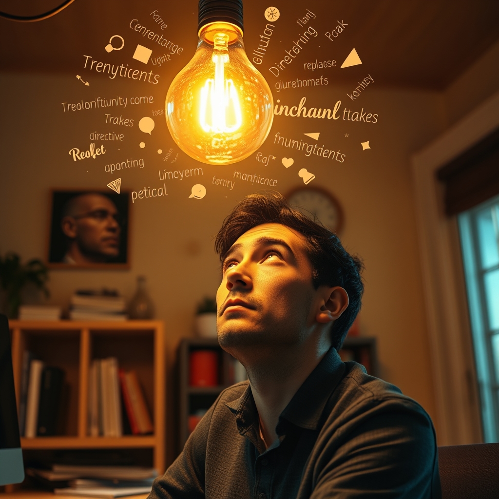 A person looking thoughtfully at a glowing light bulb above their head, with abstract words and shapes floating out of it, in a cozy home office setting.