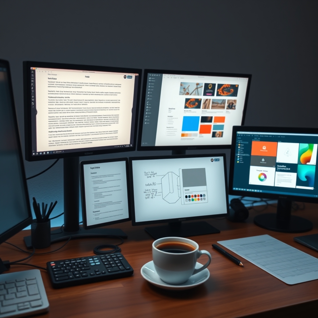 A designer's desk with multiple screens showing different creative outputs (text document, graphic design, color swatches) generated from a single central idea sketch, with a comforting cup of coffee nearby.