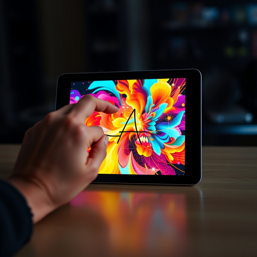 A person's hand putting the final personal touch (like a handwritten signature or a unique sticker) on a vibrant digital artwork displayed on a tablet, symbolizing the collaboration between human and AI.