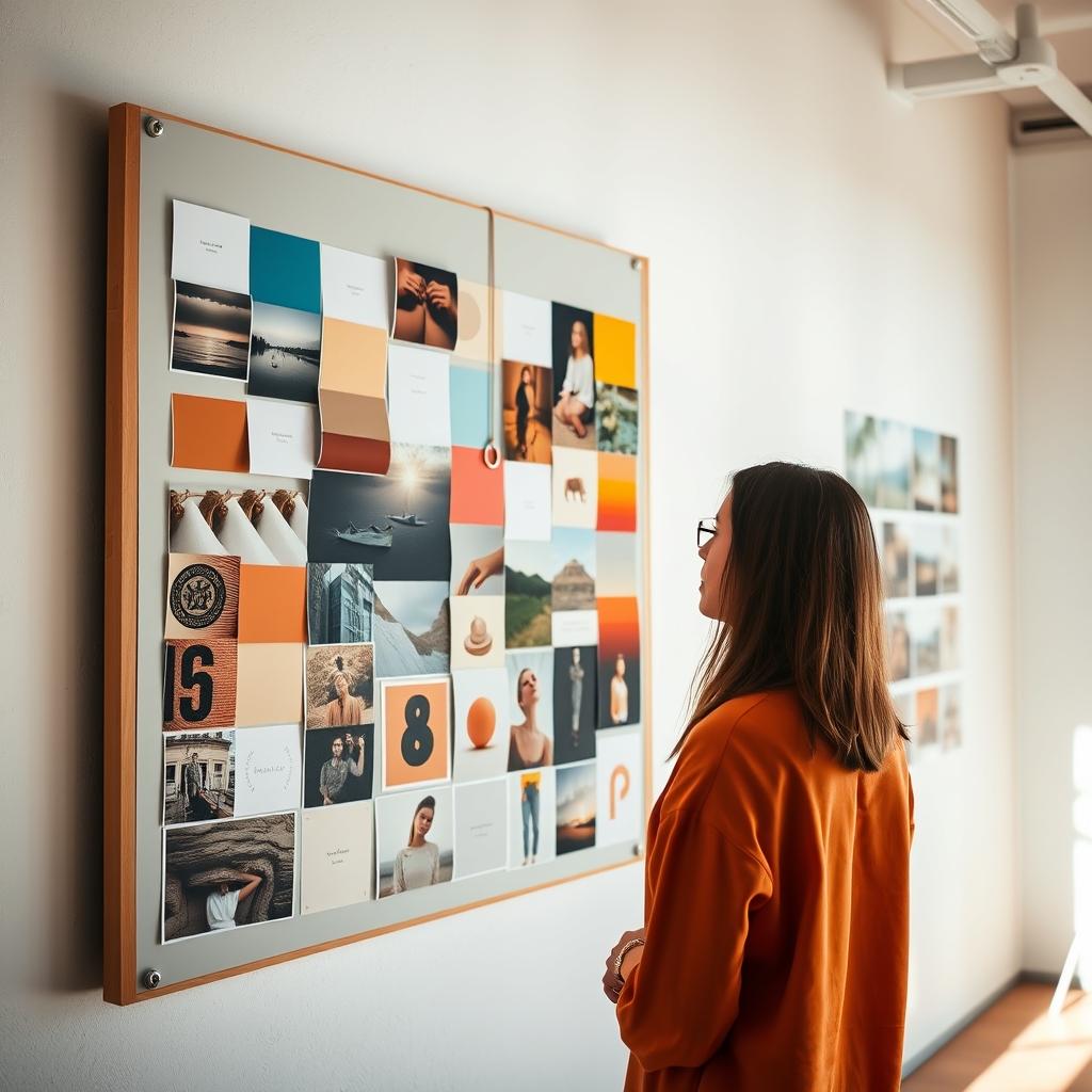 A person thoughtfully looking at a mood board filled with various color swatches, textures, and inspiring images on a large, sunlit studio wall.