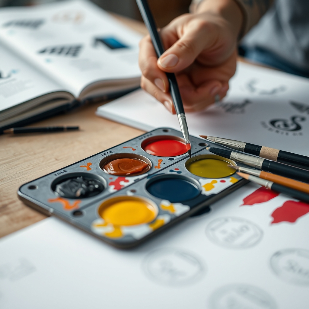 Close-up of hands mixing custom paint colors on a palette, with brushes and a sketchbook showing early logo concepts in the background.