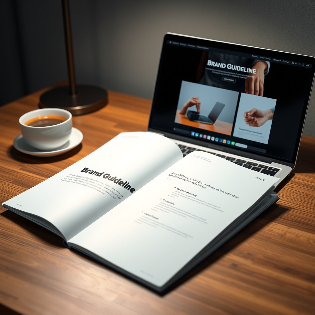 A sleek brand guideline booklet open on a desk, next to a modern laptop showing a cohesive website design, with a warm cup of coffee beside it.