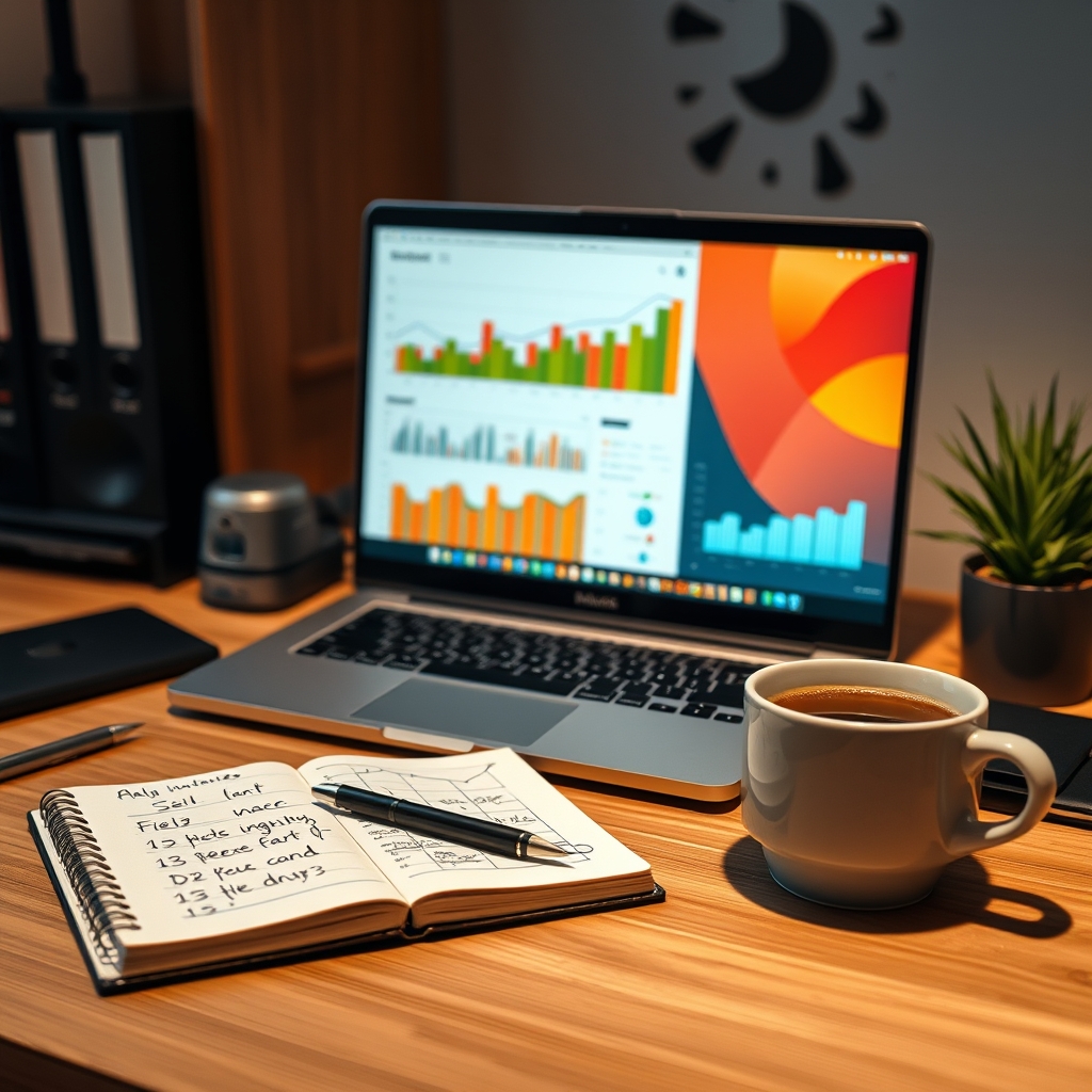 A cozy, modern office desk with a laptop screen showing colorful analytics graphs, a notebook with handwritten notes, and a warm cup of coffee.