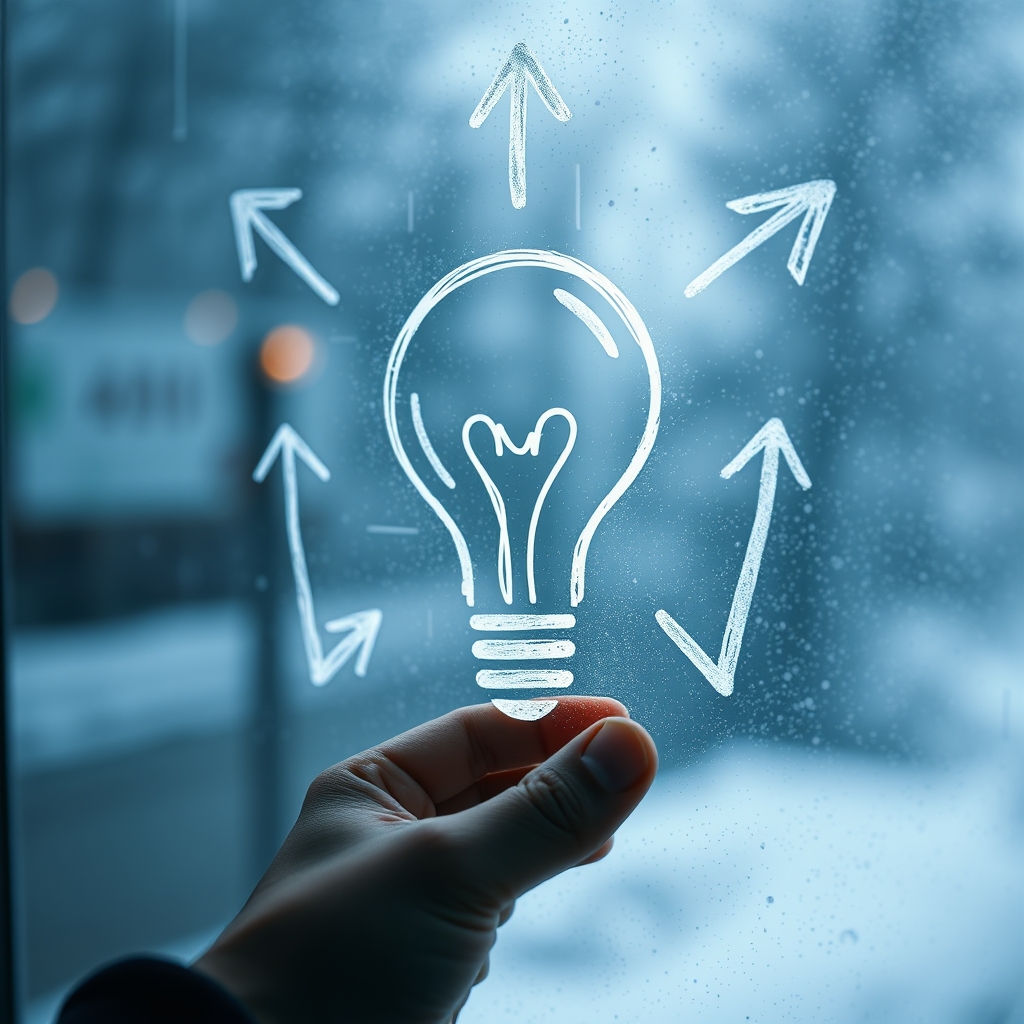 A close-up of a hand drawing a lightbulb icon on a foggy window, with growth charts and upward arrows sketched around it.