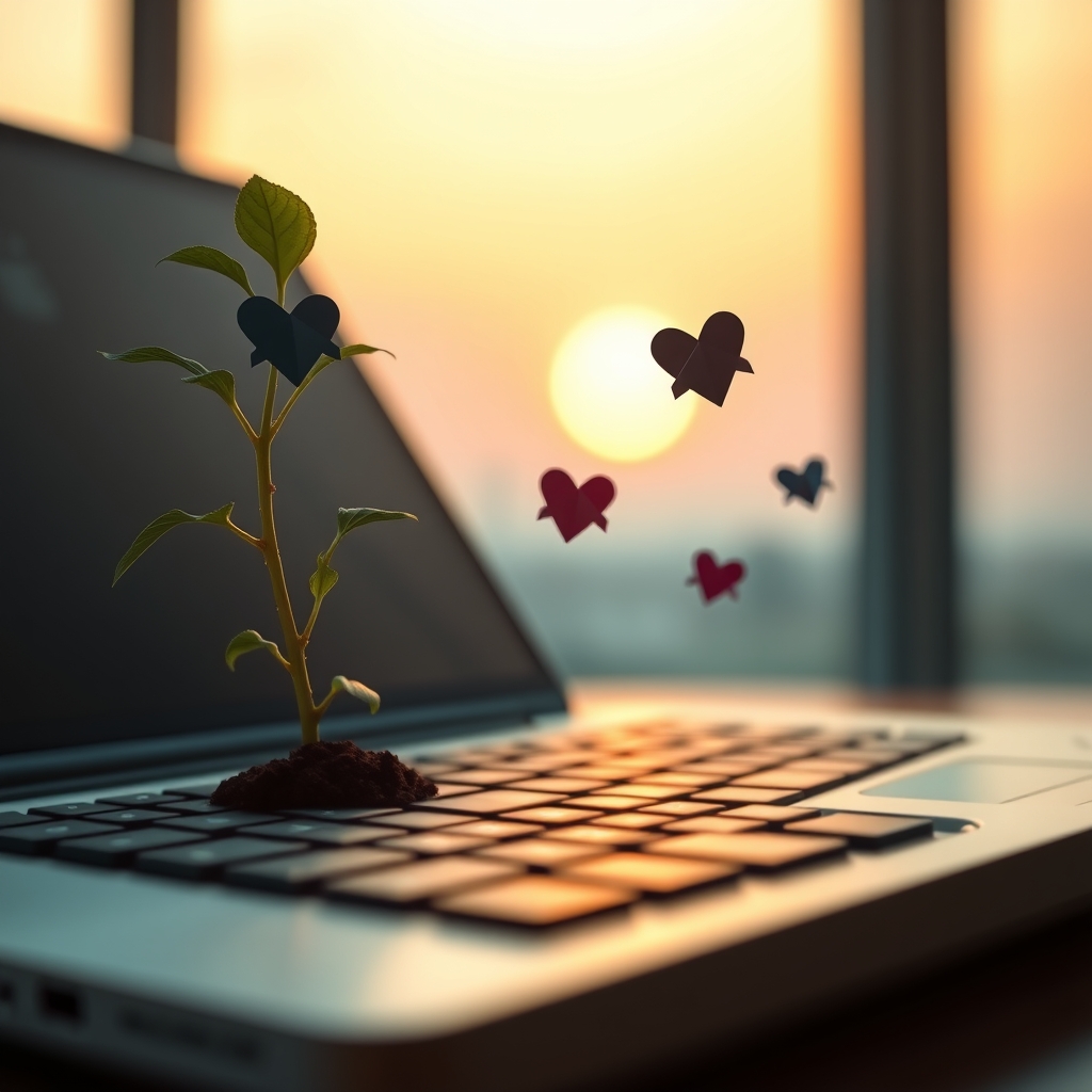 A plant sprouting from a laptop keyboard, with tiny paper airplanes carrying heart symbols flying out of the screen against a soft, sunset-lit background.