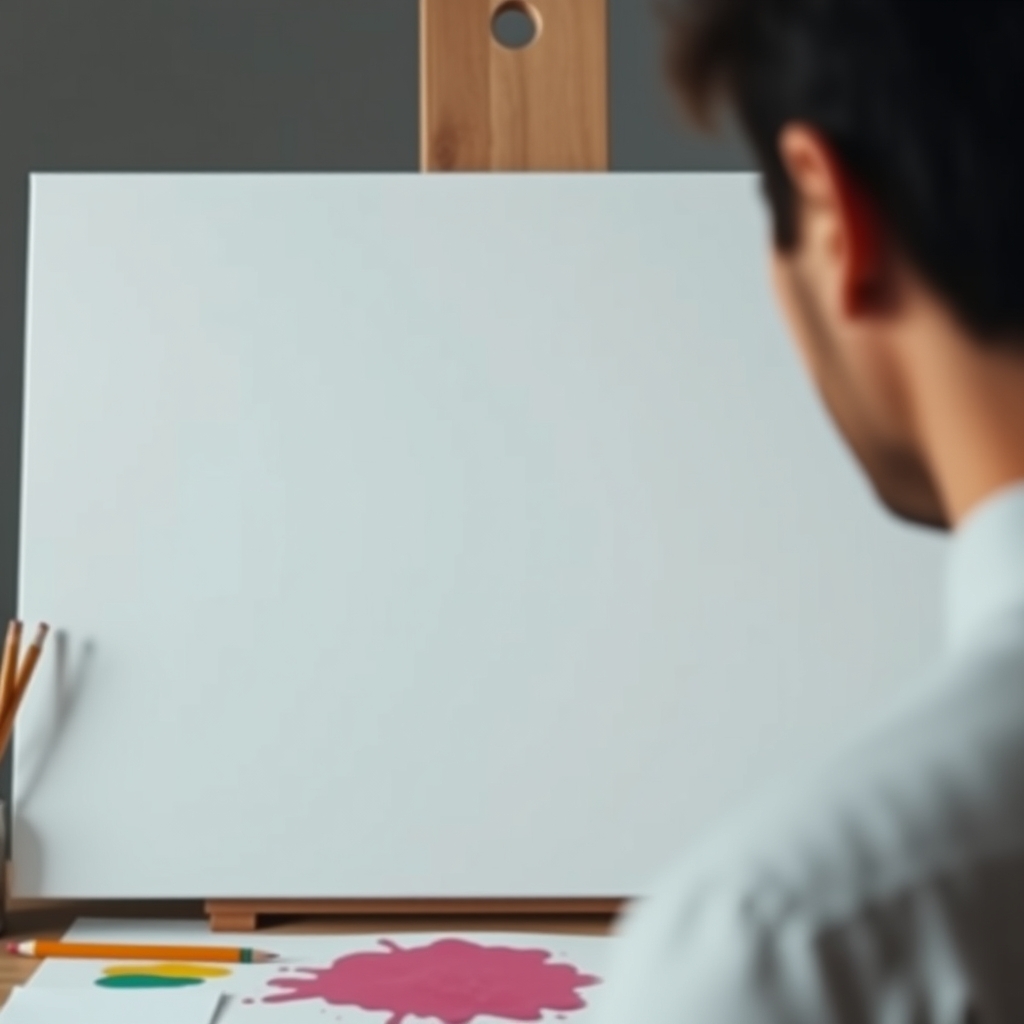 A person looking at a blank canvas with simple, inviting tools like a single pencil and a splash of color nearby, feeling inspired rather than overwhelmed.