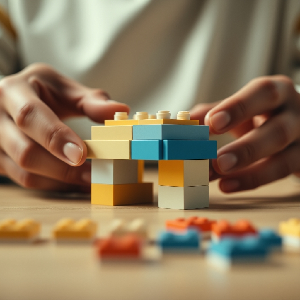 A close-up of hands building a beautiful, minimalist structure from just three types of Lego blocks, focusing on simple repetition.