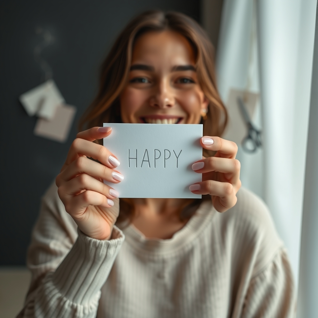 A smiling person holding up a simple but elegant handmade greeting card, with scraps of beautiful paper and a single pair of scissors in the background, embodying joy in simplicity.
