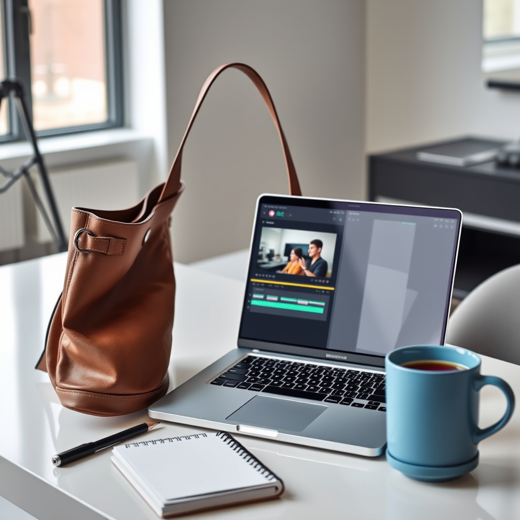 A stylish, open designer tote bag on a modern desk, with a laptop showing an intuitive AI video editing interface, surrounded by a notebook and a cup of coffee.