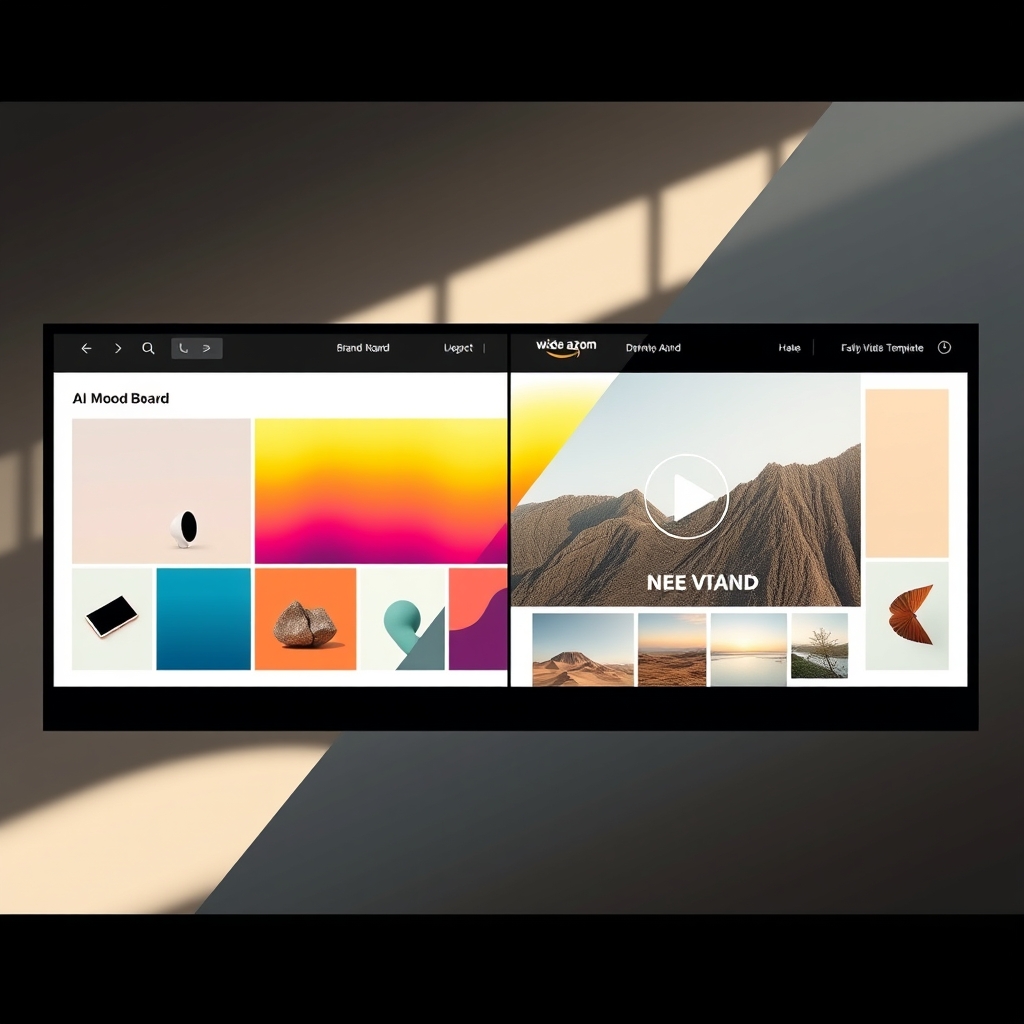 A split-screen showing a brand mood board on one side and an AI video tool automatically applying those colors and styles to a video template on the other.