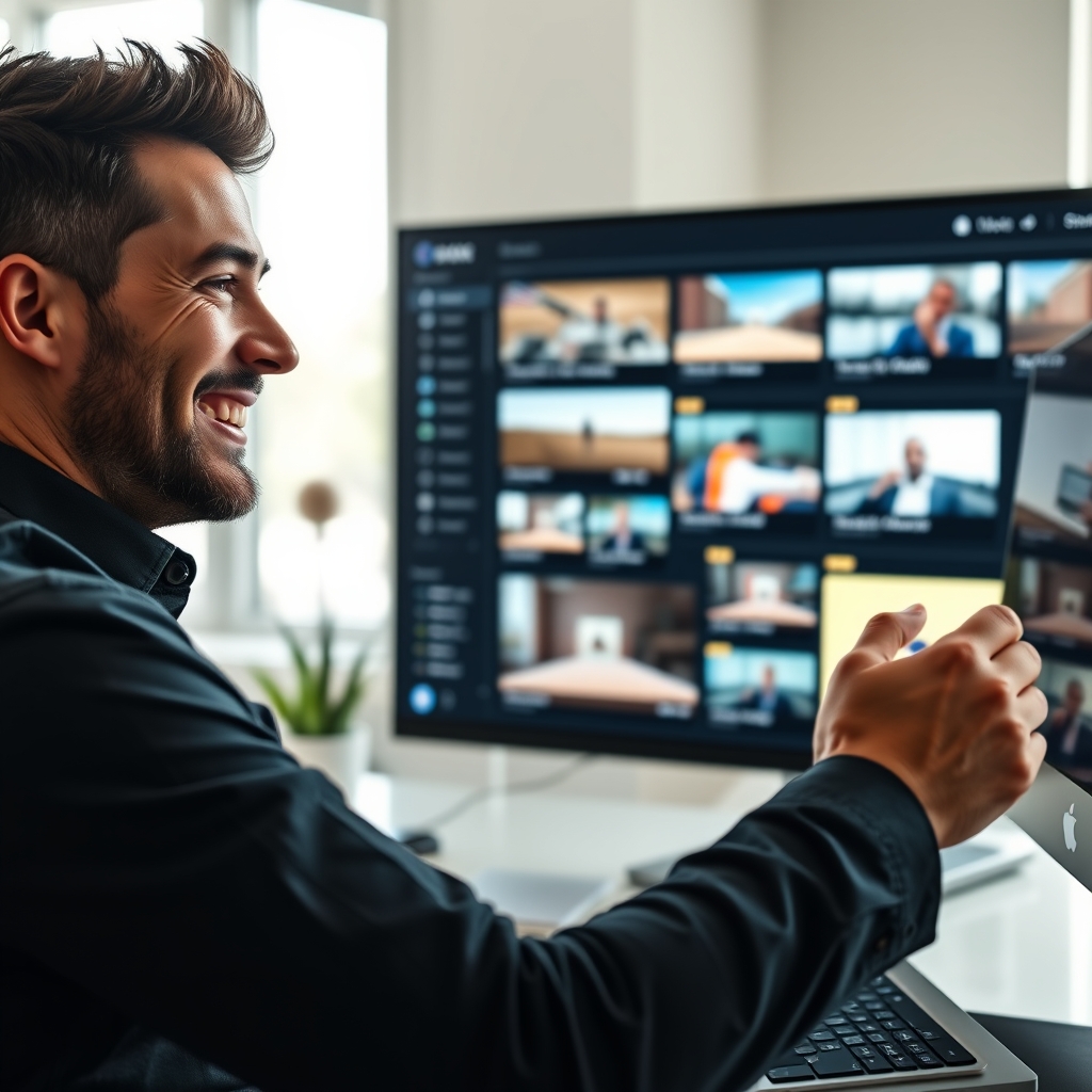 A marketer smiling confidently while reviewing multiple polished video content pieces on a large dashboard screen, symbolizing efficiency and strategy.