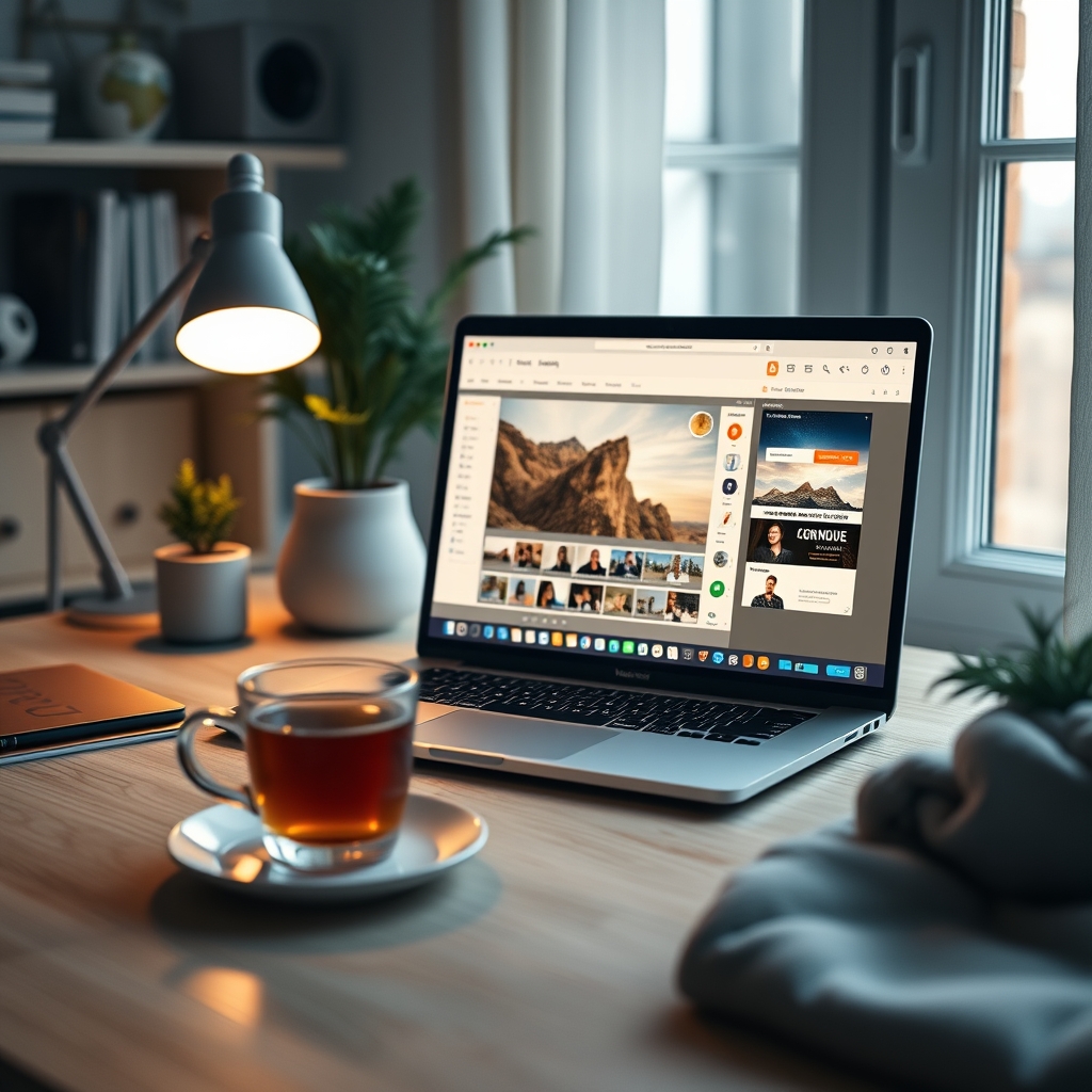 A cozy, well-lit home office desk with a laptop showing a beautifully designed website editor. A cup of warm tea and a small plant are beside it.