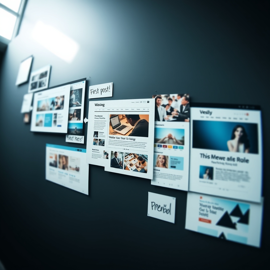 A visual timeline or collage showing the evolution of a website's design, from simple layouts to more sophisticated ones, with handwritten notes like 