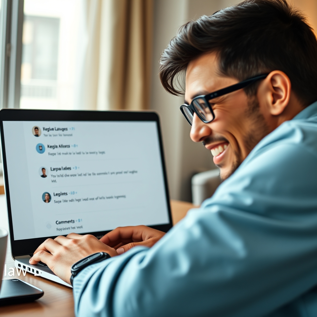 A person smiling while looking at a laptop screen showing positive comments and likes on their website, with a sense of accomplishment and joy.
