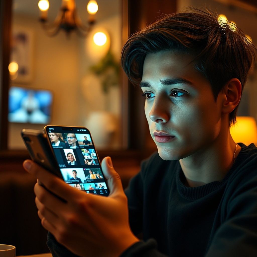 A person looking thoughtfully at their smartphone screen, which glows with colorful AI-generated video storyboards, in a cozy cafe setting.