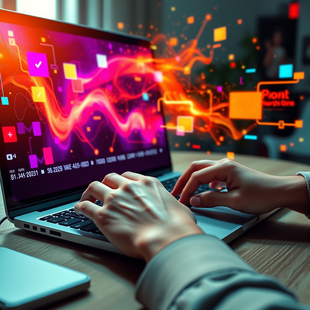 Hands typing on a laptop keyboard, with vibrant, abstract AI-generated video elements flowing out from the screen and into the air around the workspace.