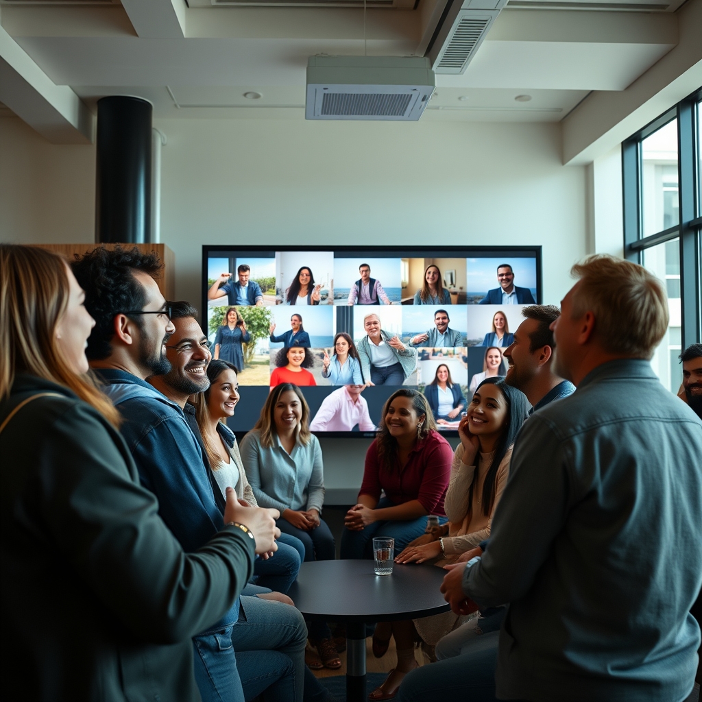 A diverse group of people smiling and sharing their own AI-generated video clips on a large, communal digital screen in a bright, modern lounge.