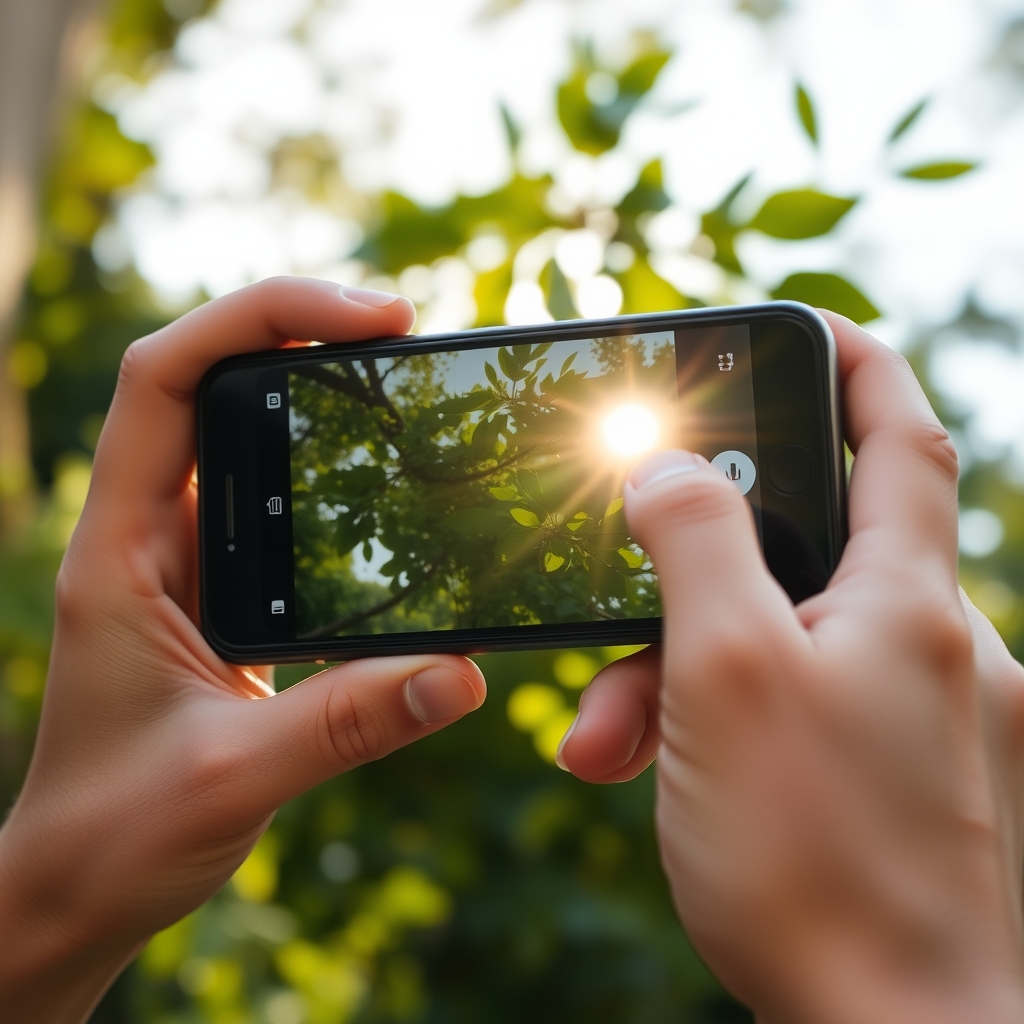 A person holding a smartphone, capturing a simple but beautiful moment of sunlight filtering through leaves, with a warm, candid smile.