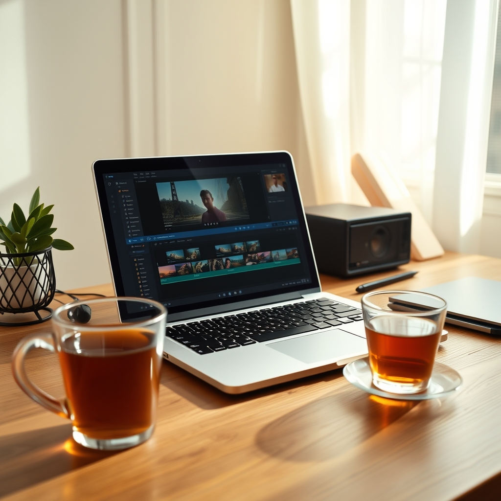 A cozy, sunlit desk with a laptop open to a simple video editing timeline, showing just a few clips arranged in order, next to a cup of tea.