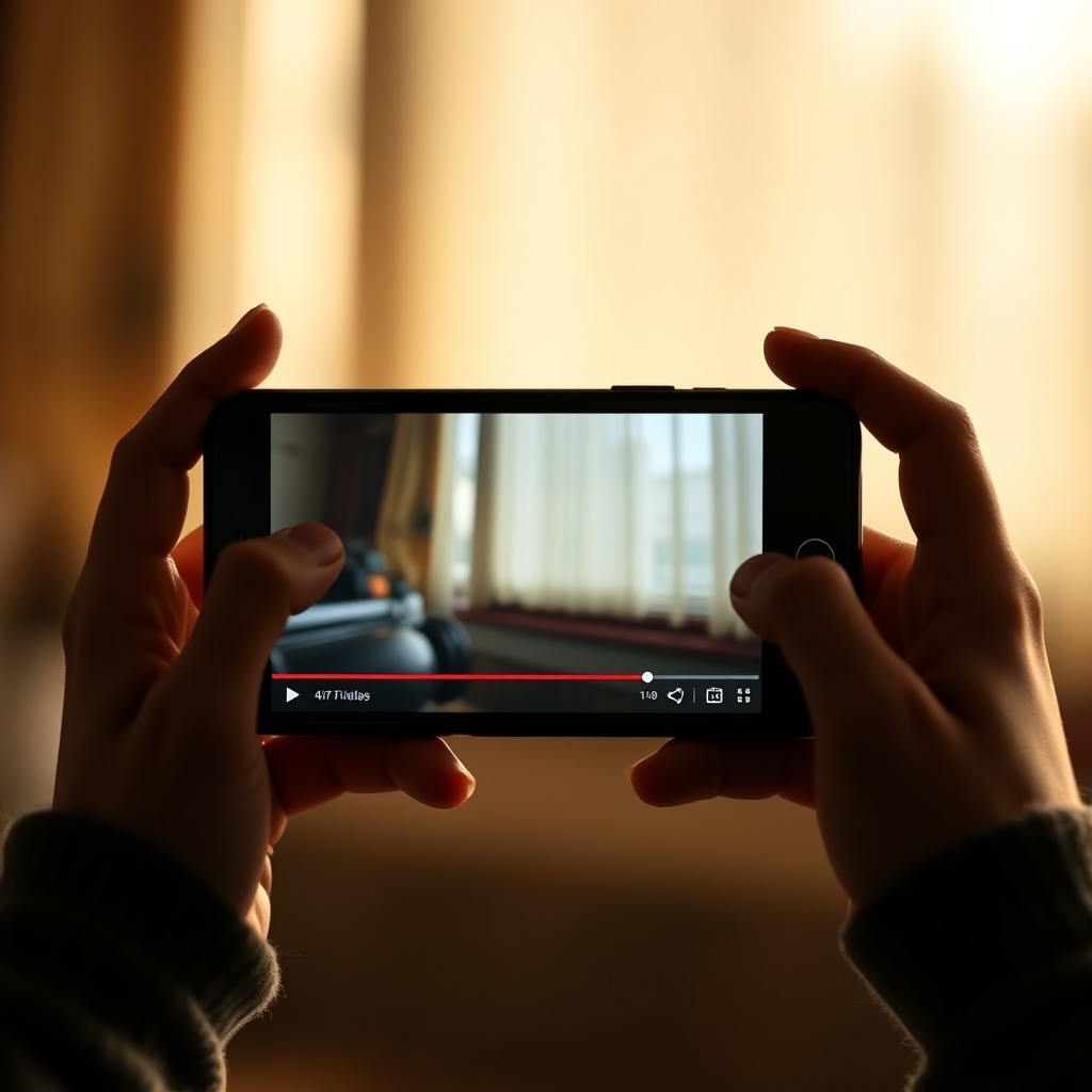 A pair of hands holding up a smartphone to show a finished, simple yet emotionally resonant video playing on the screen, with a blurred, warm background.
