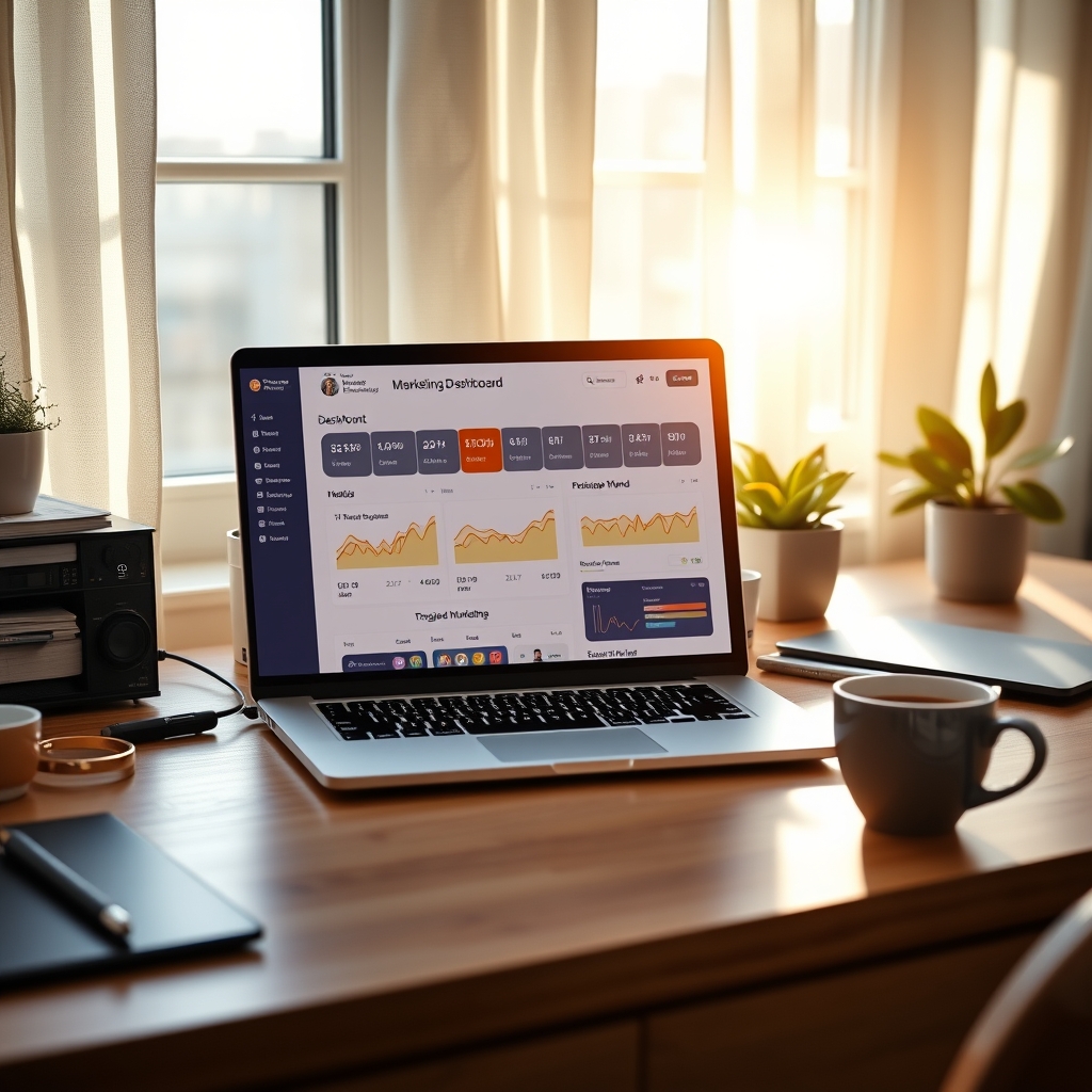 A cozy, sunlit home office desk with a laptop open to a sleek marketing dashboard, a warm cup of coffee beside it, symbolizing saved time and peace of mind.