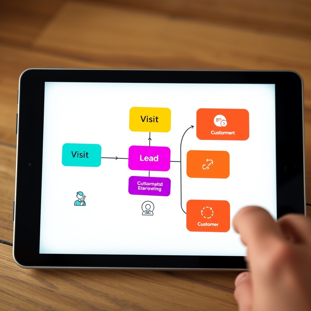 A visual flowchart on a tablet screen showing colorful, automated customer journey paths from 