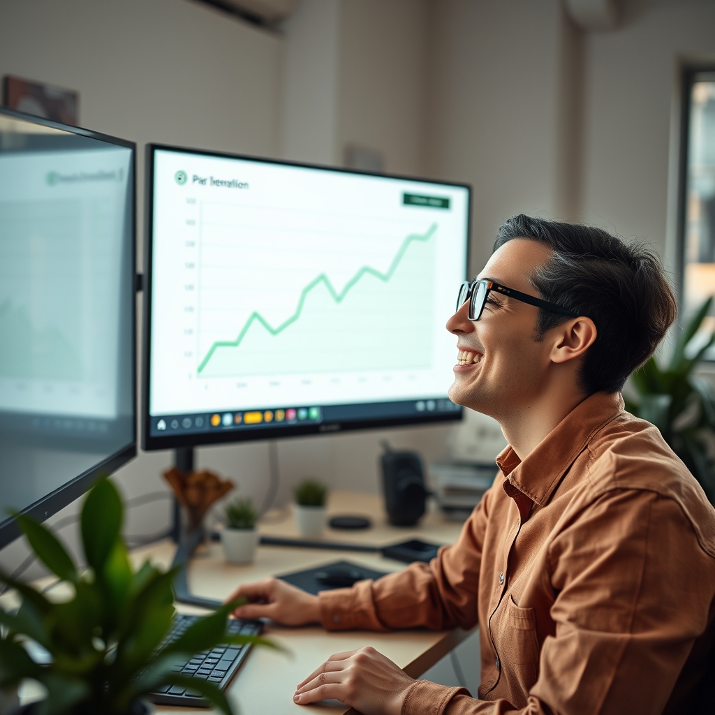 A person smiling while looking at a growing, positive trend graph on a large monitor, with a relaxed posture, surrounded by plants and personal items in the workspace.