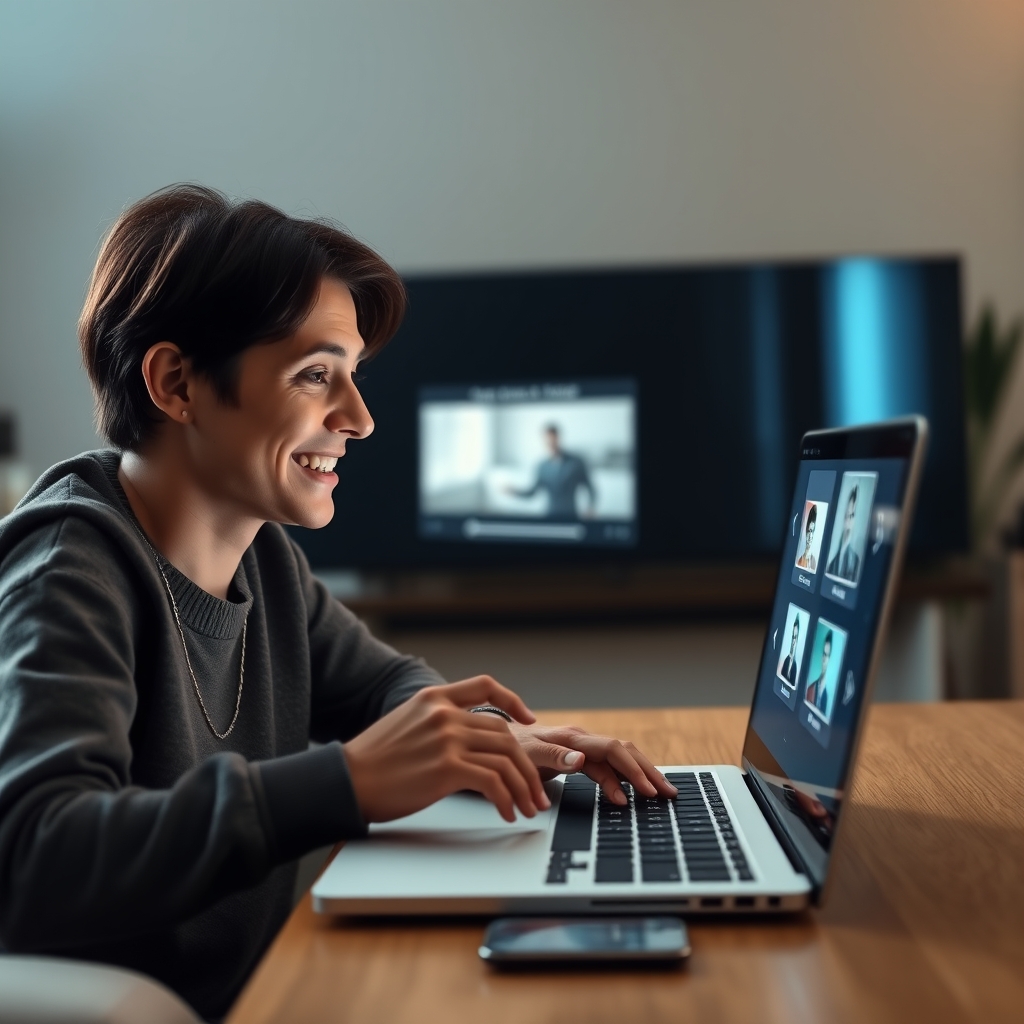 A person smiling while speaking to a friendly, glowing AI assistant interface on a laptop, with simple video storyboards appearing on the screen.