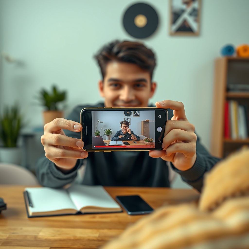A person looking proudly at their finished video playing on a phone screen, with a cozy, creative workspace in the background featuring a notebook and a cup of coffee.