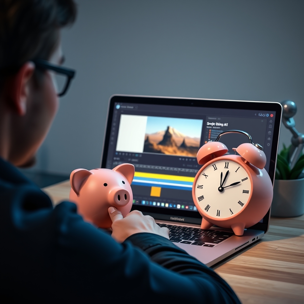 A person looking relieved at a laptop screen showing simple AI video editing tools, with a piggy bank and a clock symbolizing saved money and time.