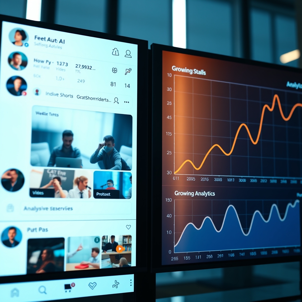 A split-screen showing a social media feed on one side with engaging short AI videos, and a growing analytics graph on the other side.