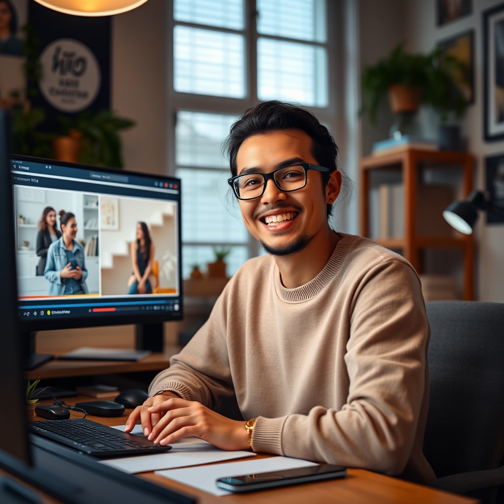 A cozy workspace where a person smiles while customizing an AI-generated video template with their brand colors and logo, feeling creative and empowered.