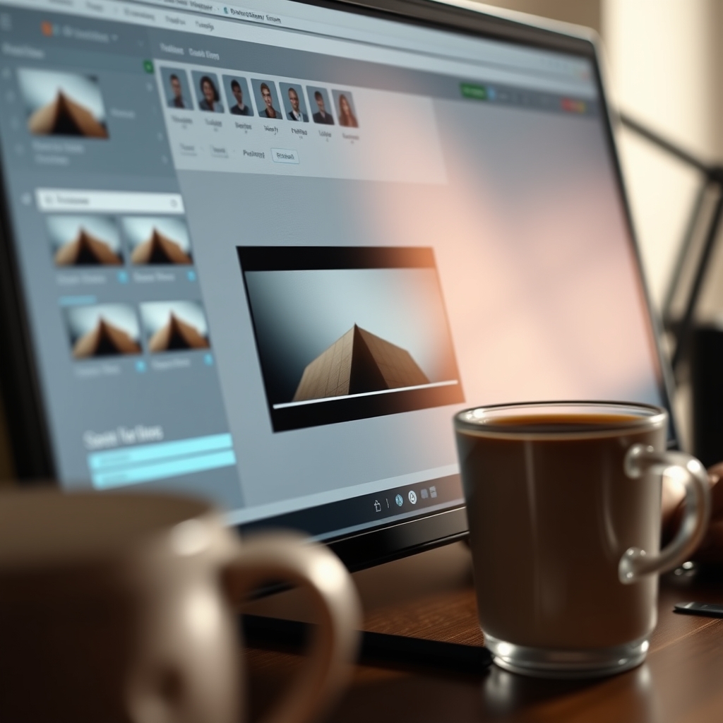 A close-up of a designer's screen, showing a website editor with a video block being seamlessly integrated into a minimalist layout, next to a cup of coffee.