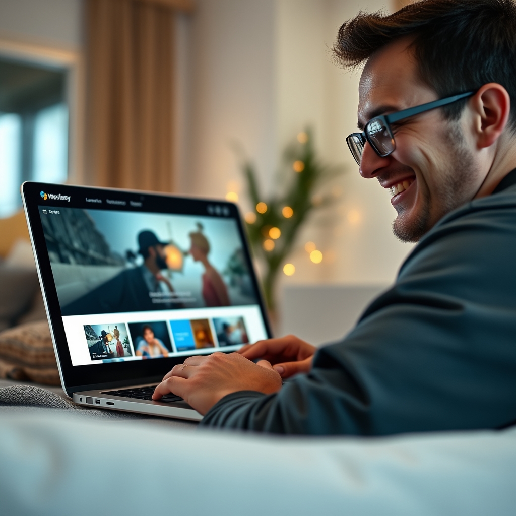 A person smiling while viewing a website on a laptop, the screen glowing with a beautiful video background that reflects in their glasses, in a cozy home setting.