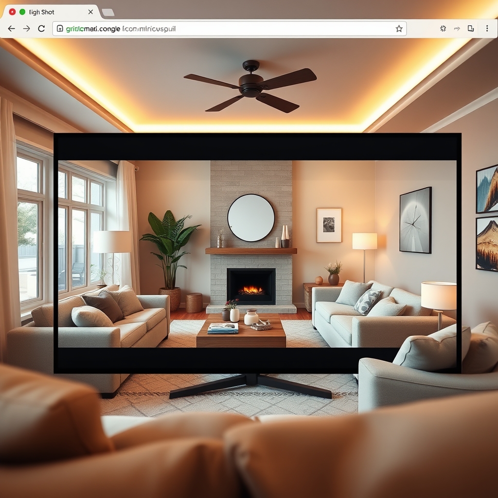 A cozy, warmly lit digital living room on a browser screen, with comfortable virtual furniture and a sense of calm, viewed from a user's perspective.