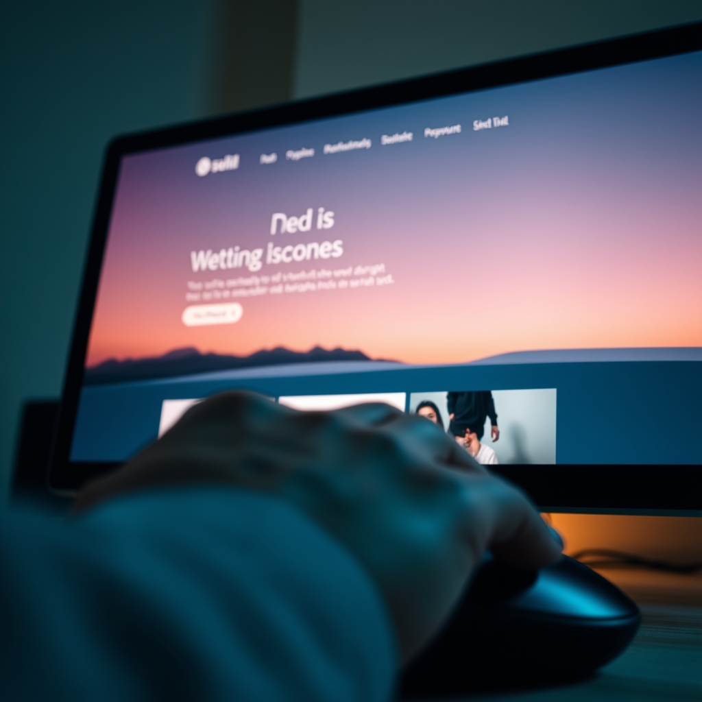A close-up of a user's hand on a mouse, with a soft glow from the monitor displaying a beautifully minimalist website with harmonious colors and elegant typography.