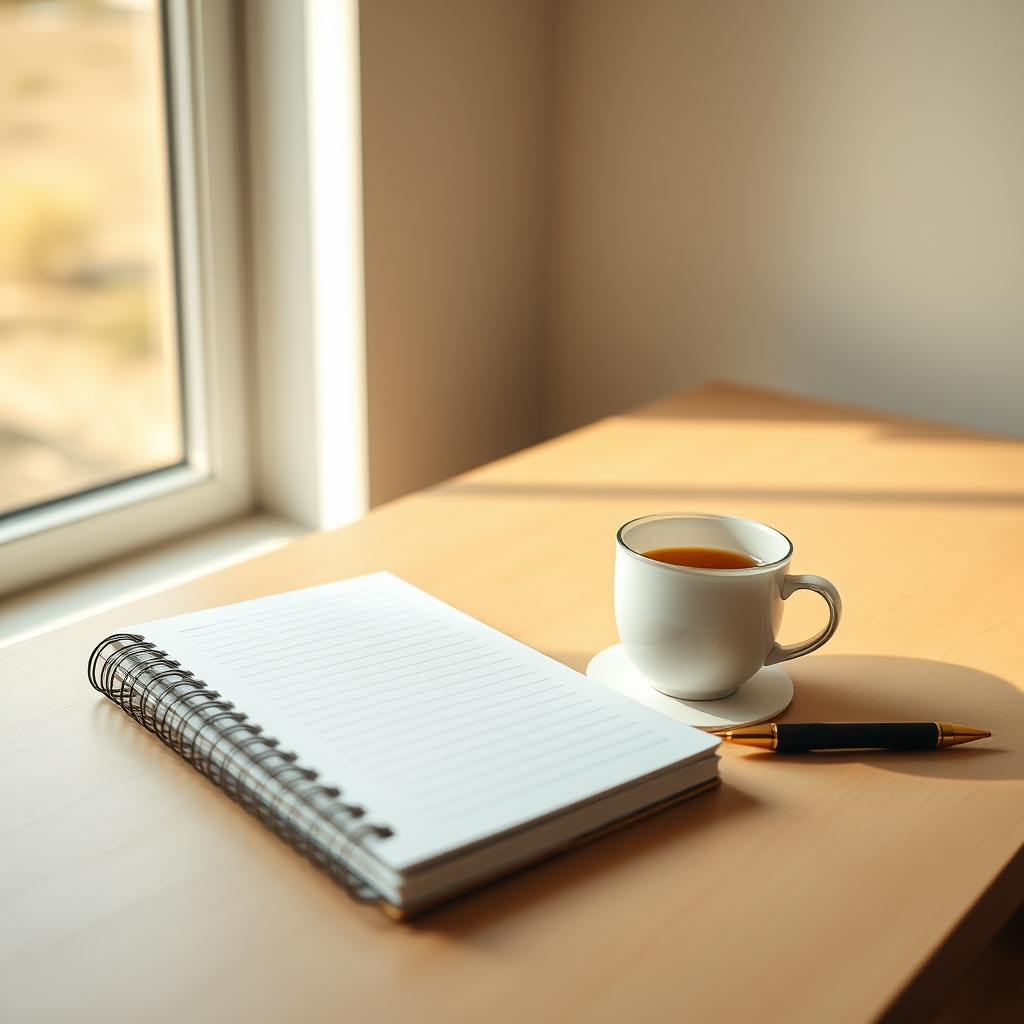 A serene, minimalist workspace with a single notebook and a cup of warm tea, morning light streaming through a window, conveying calm focus.