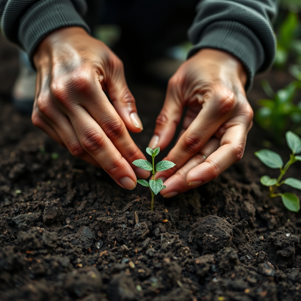 A person's hands gently planting a small seed in fertile soil, symbolizing nurturing growth over time.