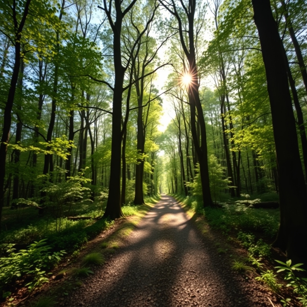 A peaceful path through a sun-dappled forest, representing a clear, sustainable journey ahead.