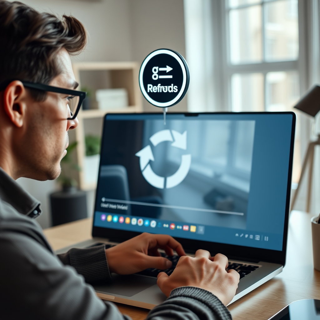 A person looking thoughtfully at a laptop screen showing a brand video, with a 'refresh' icon hovering above it, in a bright, modern home office.