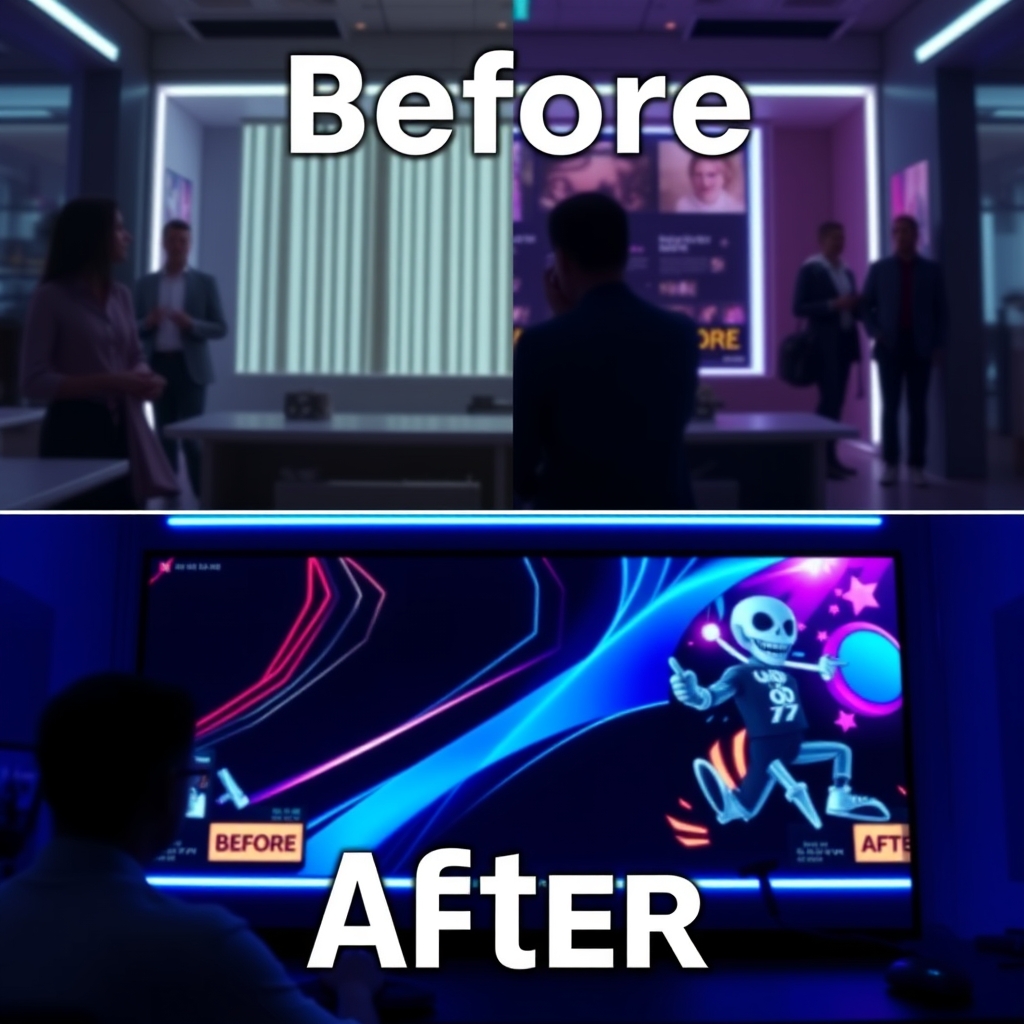 Split-screen showing the 'before' version of a brand video looking slightly dated, and the 'after' version looking modern and vibrant with new graphics and colors.