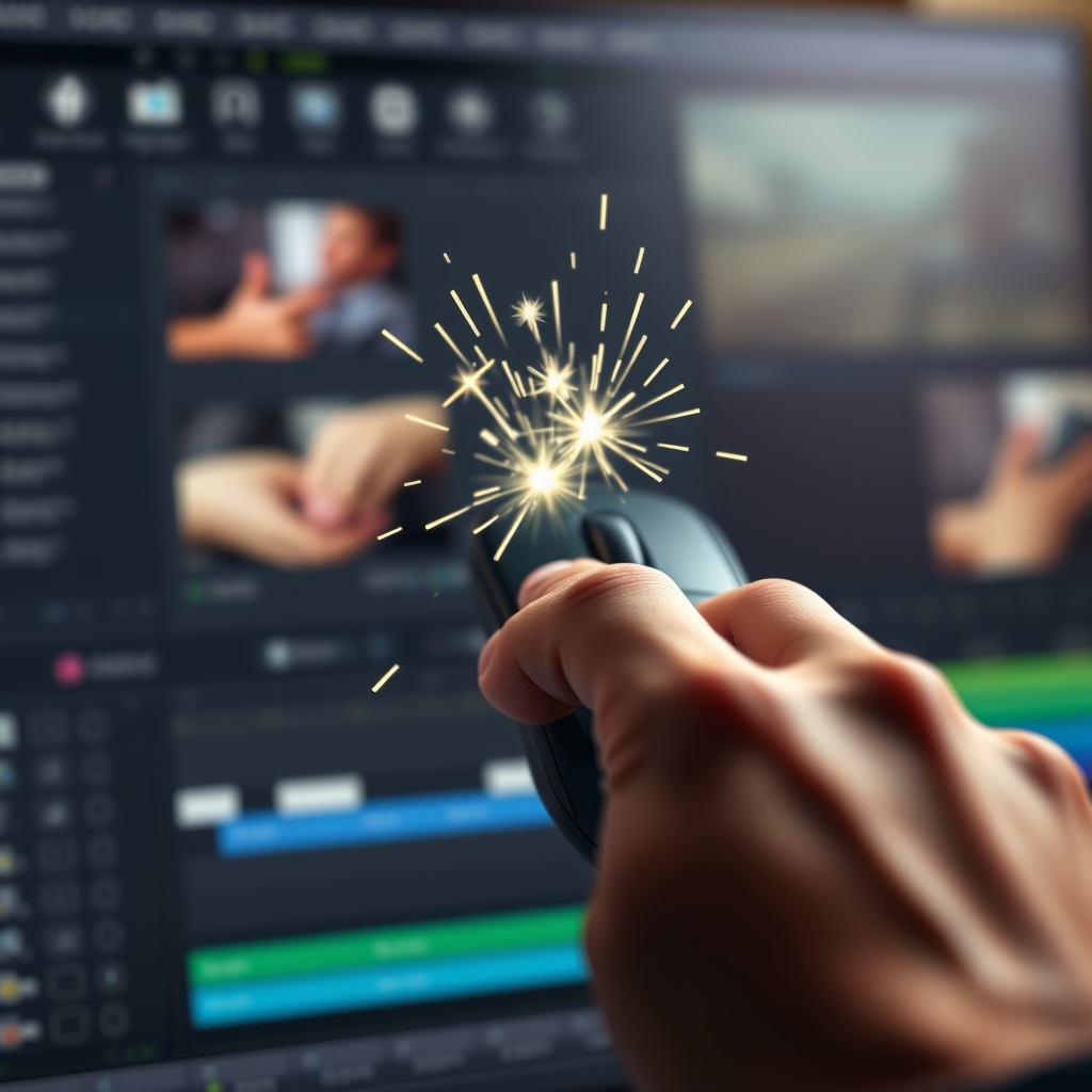 A hand clicking a mouse that emits sparkles and light, symbolizing the simple start of a renewal project, over a blurred background of video editing software.