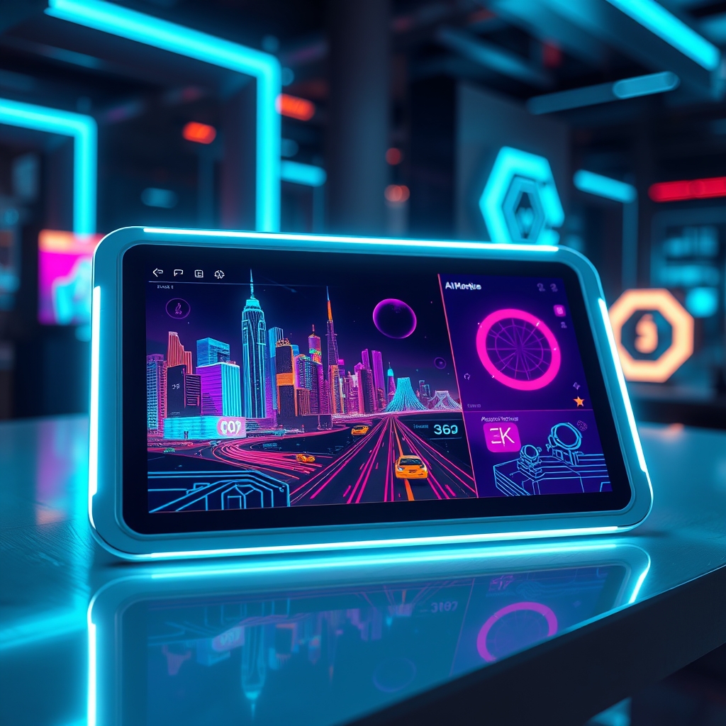 A sleek, futuristic mood board on a digital tablet, showing neon cityscapes and abstract graphic elements, with an AI interface glowing softly in the background.