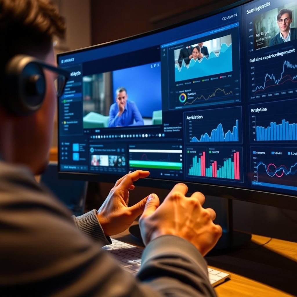 A marketer's hands swiftly editing a short-form video on a multi-screen desktop, with AI analytics graphs and real-time engagement metrics floating beside the monitor.